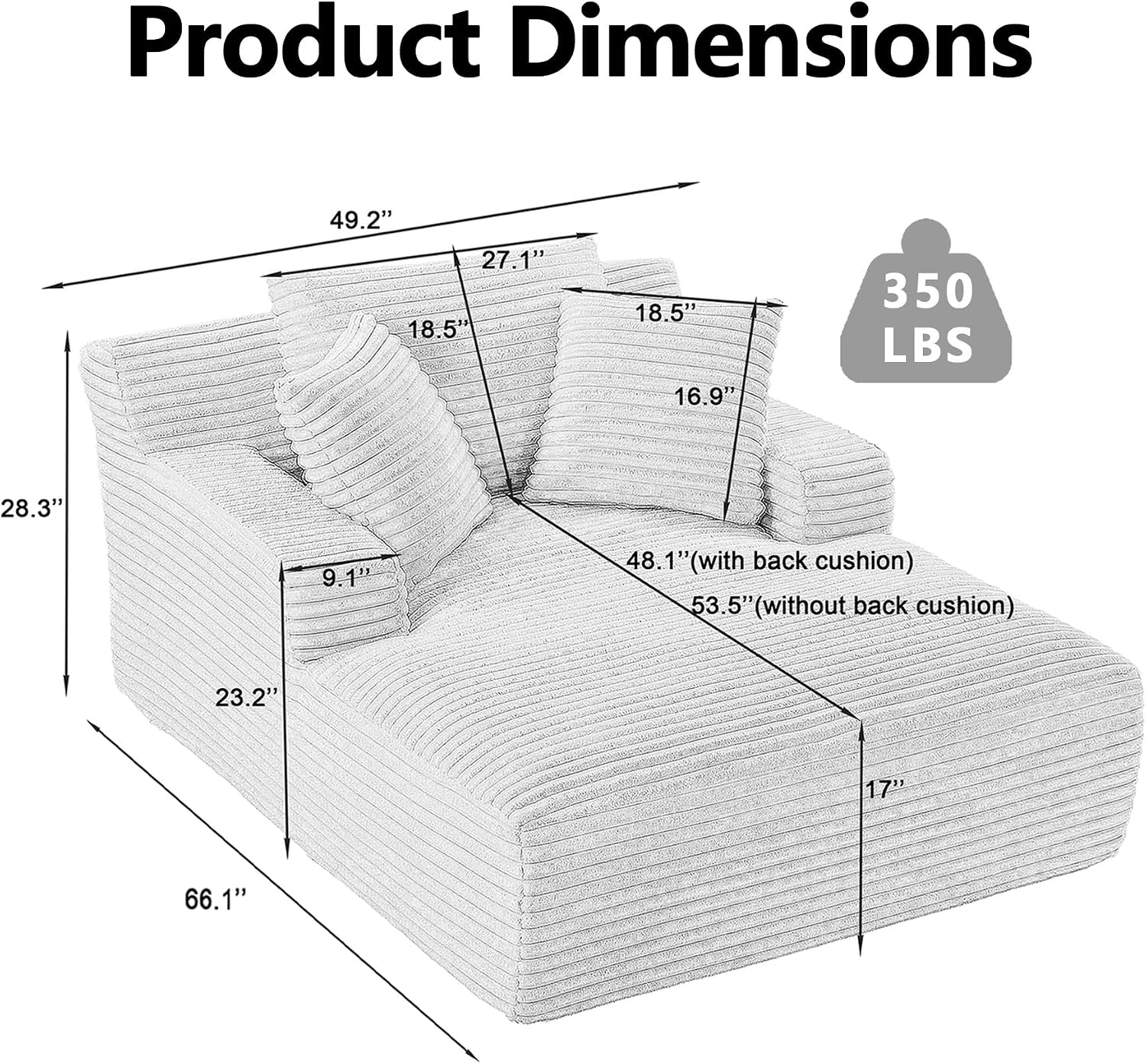 67 Inch Oversized Chaise Lounge Sofa Chair Indoor with 2 Pillows & Armrest, Comfy Upholstered Corduroy Single Sleeper Sofa Chair Bed for Living Room & Bedroom, No Assembly Required (White)