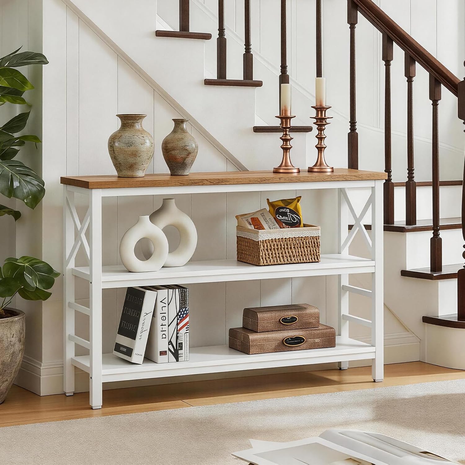 HOMBAZAAR Sofa Table,Industrial Console Table with Storage,Entryway Table with Engineered Wood and Metal,Rustic 3 Tier Shelf for Living Room,Hallway,White and Brown,47 Inch