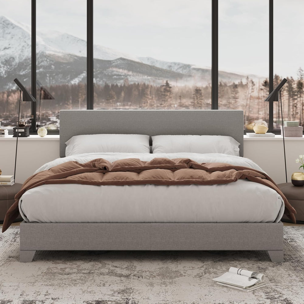 Allewie Queen Size Upholstered Bed Frame Adjustable Headboard, Light Grey