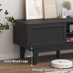 Boho TV Stand for 55 65 Inch TV, Rattan Entertainment Center with Shelves, Cabinets and Sliding Doors, TV Media Console Table with Solid Wood Feet & Cord Holes for Living Room, Bedroom, Black