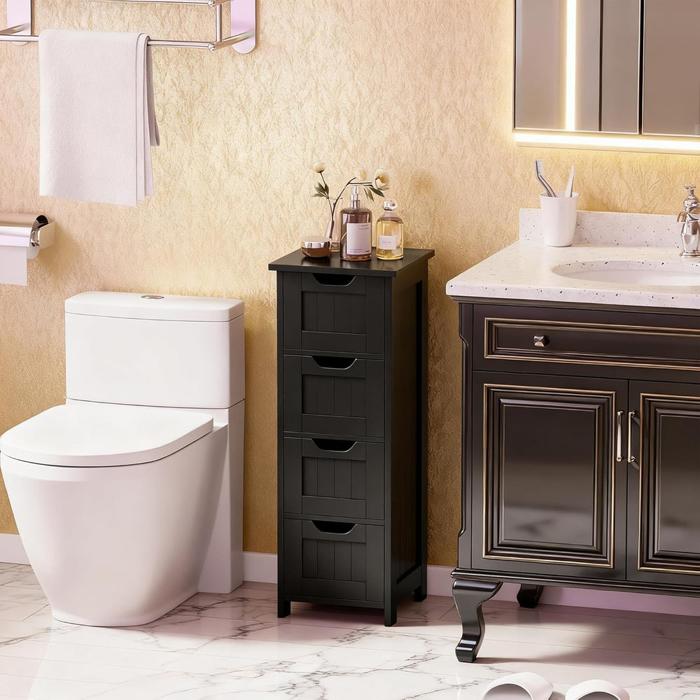 Bathroom Floor Storage Cabinet, Freestanding Wooden Side Organizer w/4 Drawer...