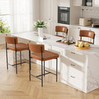 Bar Stools Set of 4, Faux Leather Counter Height Barstools with Curved Back, 25 Inch Upholstered Bar Chairs, Modern Counter Stools for Kitchen lsland, Caramel