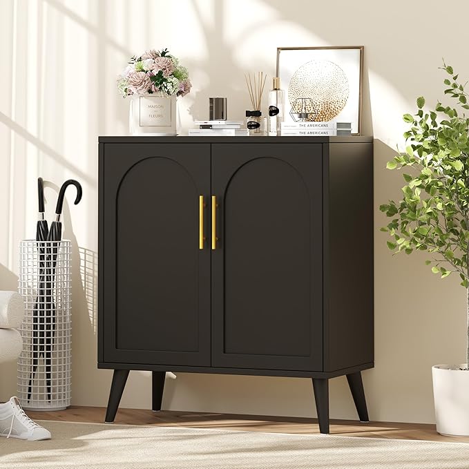Rovaurx Rattan Storage Cabinet with Doors, Accent Bathroom Floor Cabinet, Modern Sideboard Buffet Cabinet for Living Room, Entryway, Dining Room and Kitchen, Black BMGZ108B