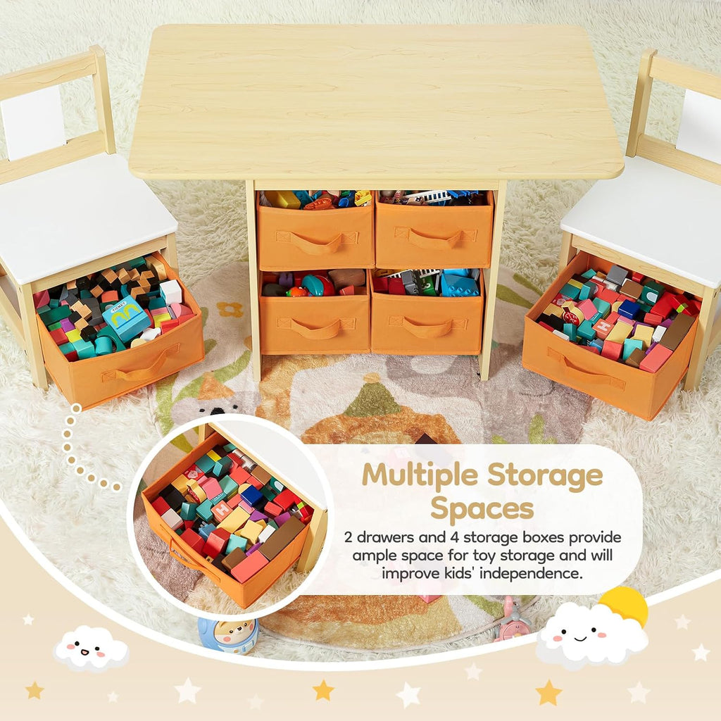 Kids Table and Chair Set: Sturdy with 2 Chairs & 6 Storage Drawers | Wooden Children Activity Desk Group for Drawing Reading Playing - Water Resistant and Easy Clean Furniture Set for Playroom