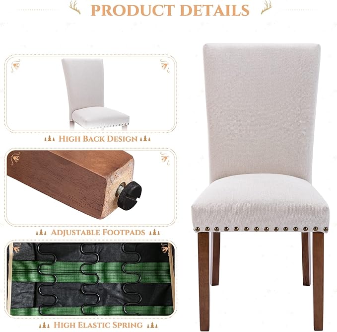 Parsons Dining Chairs Set of 2, Upholstered Nailhead Dining Room Kitchen Side Chair with Thick Cushions and Wood Legs, Beige