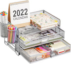 Marbrasse 3 Tier Mesh Desk Organizer with Drawer, Multi-Functional Desk Organizers and Accessories, Paper Letter Organizer with 2 Pen Holder for Home Office Supplies (Silver)