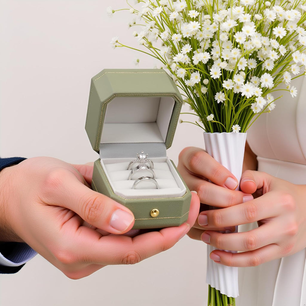 Velvet Ring Box - Octagon Engagement Ring Box with Hinged Lid for Proposal Engagement Wedding, Proposal Ring Case Jewelry Box with Gold Lace PRB003-Green