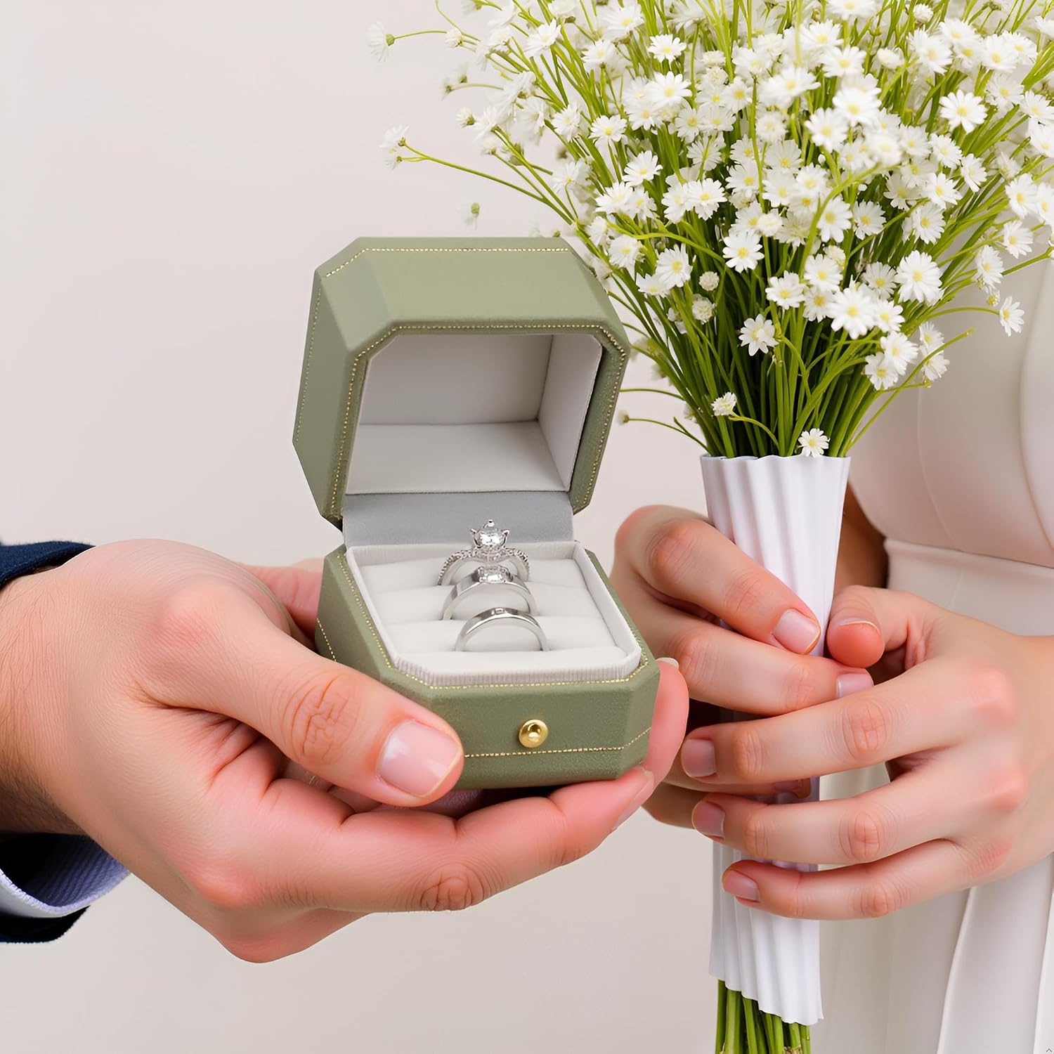 Velvet Ring Box - Octagon Engagement Ring Box with Hinged Lid for Proposal Engagement Wedding, Proposal Ring Case Jewelry Box with Gold Lace PRB003-Green