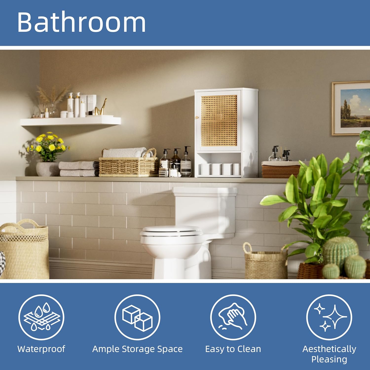 HITNET Medicine Cabinet, Rattan Bathroom Wall Cabinet Over Toilet, Bamboo Space Saver Storage Organizer with Door and Shelf for Living Room, Kitchen, Entryway, White