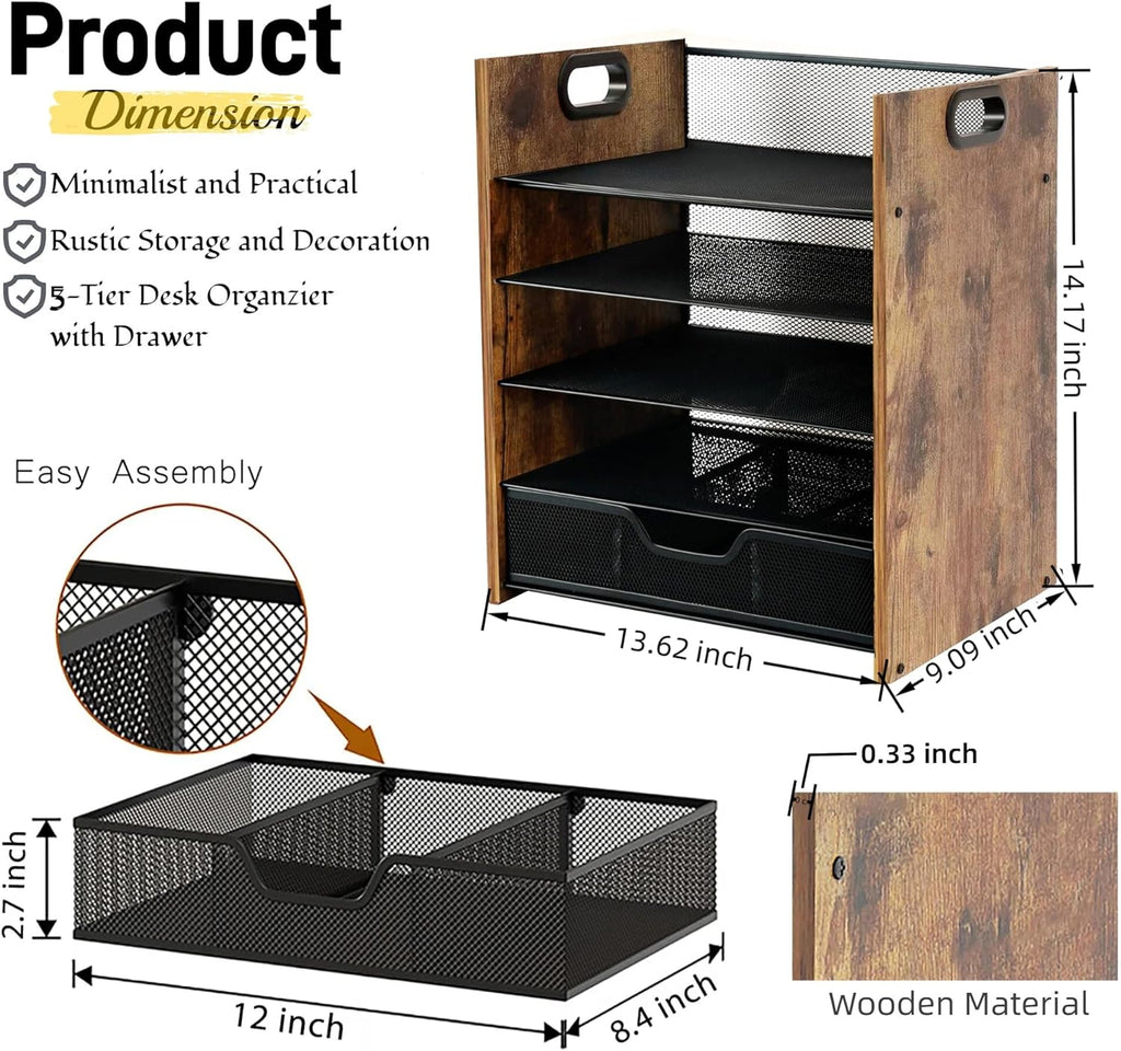 Wood Desk Organizer - 5-Tier Desktop File Organizer with Drawer, Wooden Paper Tray, Office Desk Organzier and Accessories for Papers, Mail, Notebooks, Stationery