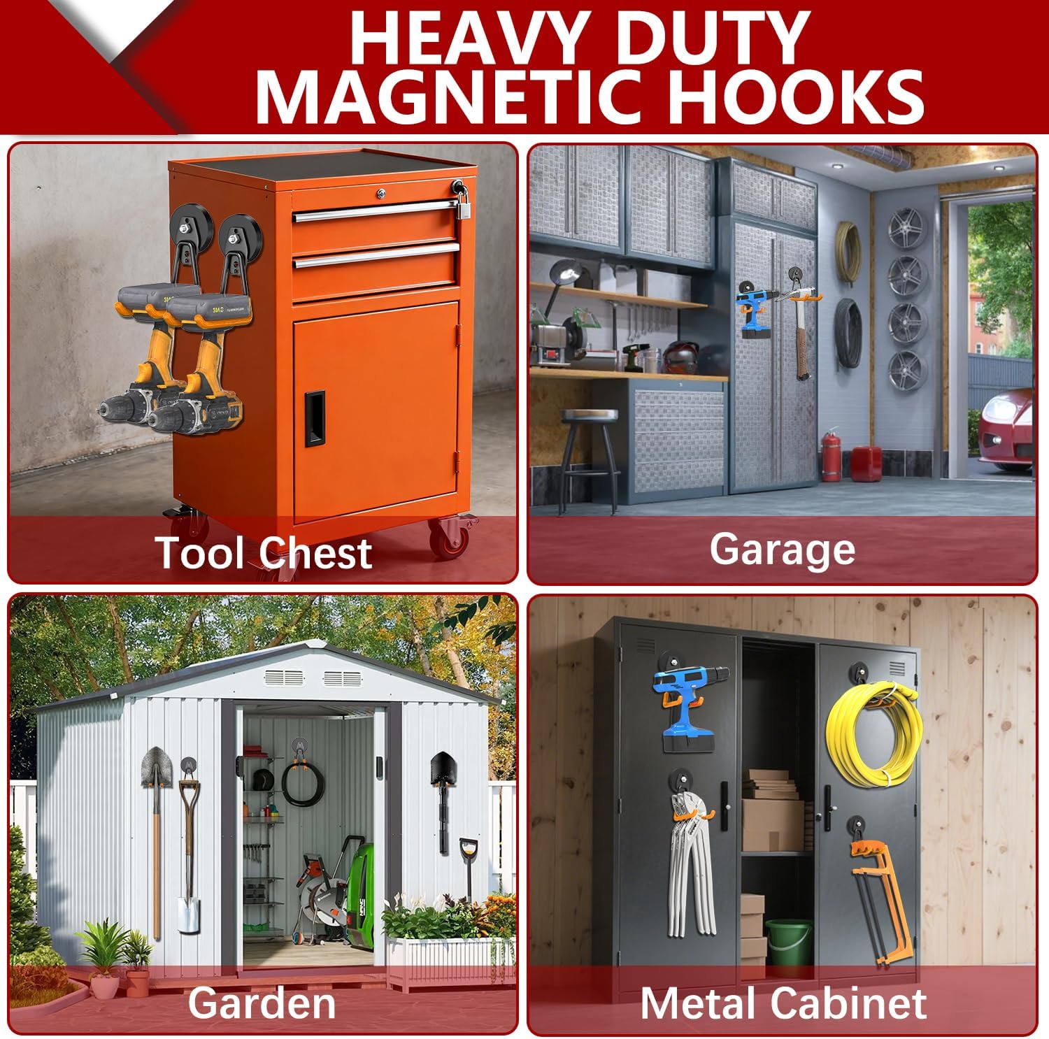3-H Heavy Duty Magnet Garage Hooks 4 Pack, Extra Large Strong Magnetic Hooks for Hanging Cordless Power Drill, Utility Magnetic Tool Holder for Metal Cabinet, Steel Pegboard, Toolbox, Garage(Orange)