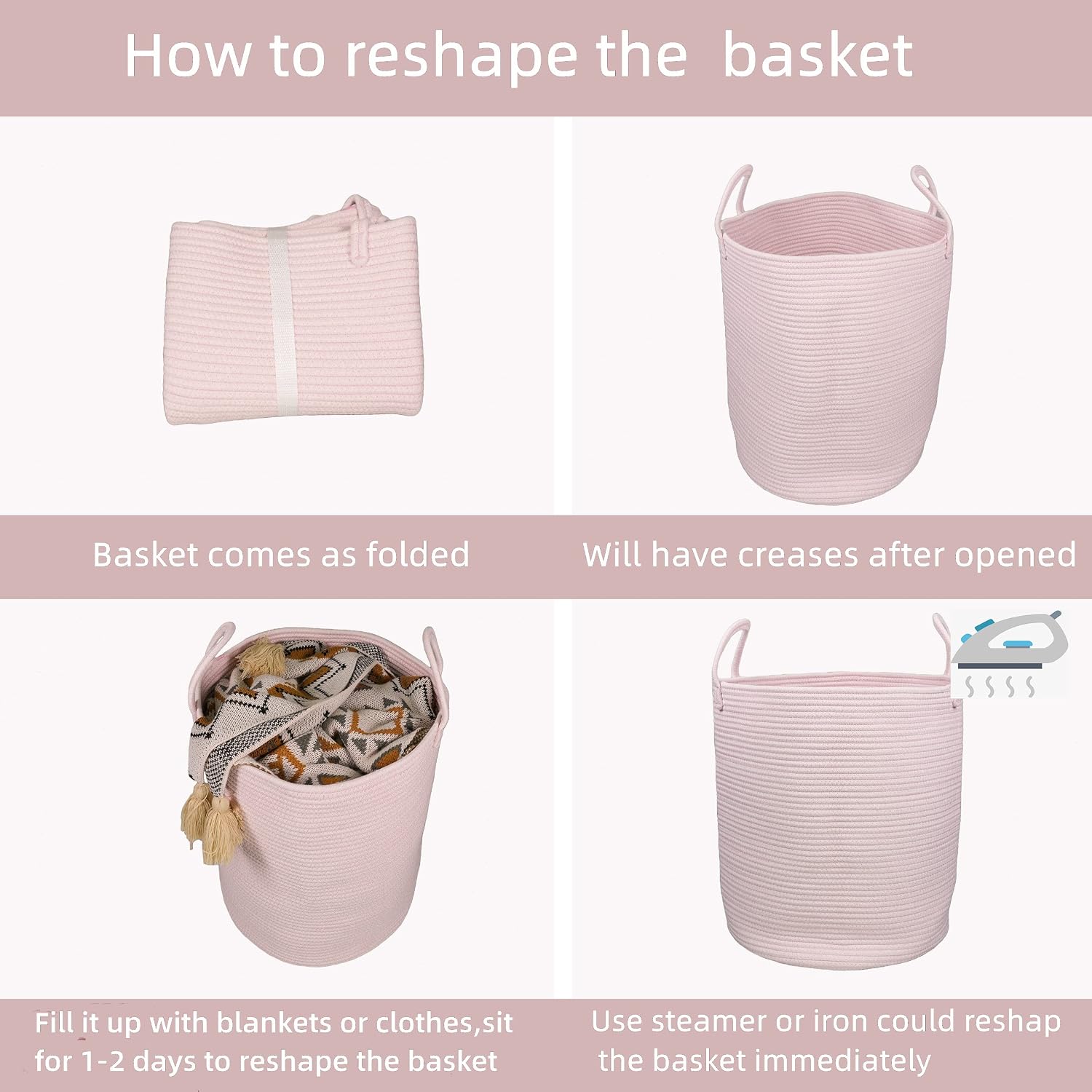 XUANGUO Cotton Rope Laundry Basket Hamper for Girls Kids Baby Nursery Pink | Large Nursery Hamper Bin and Woven Storage Basket for Living Room Girls Room Boho Tall Rope Baskets for Blankets Toys
