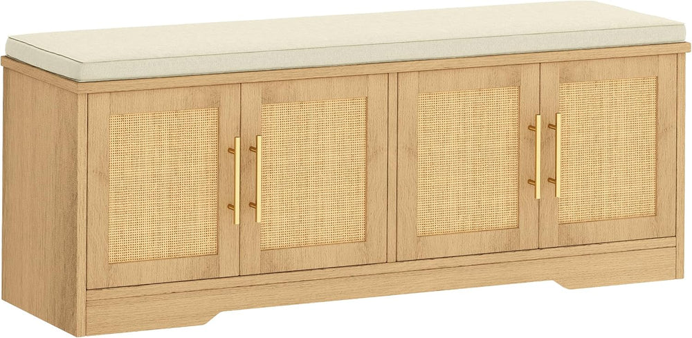 Rattan Shoe Storage Bench, 47.2" Wide Entryway Bench, Natural Oak | 2 Ti...