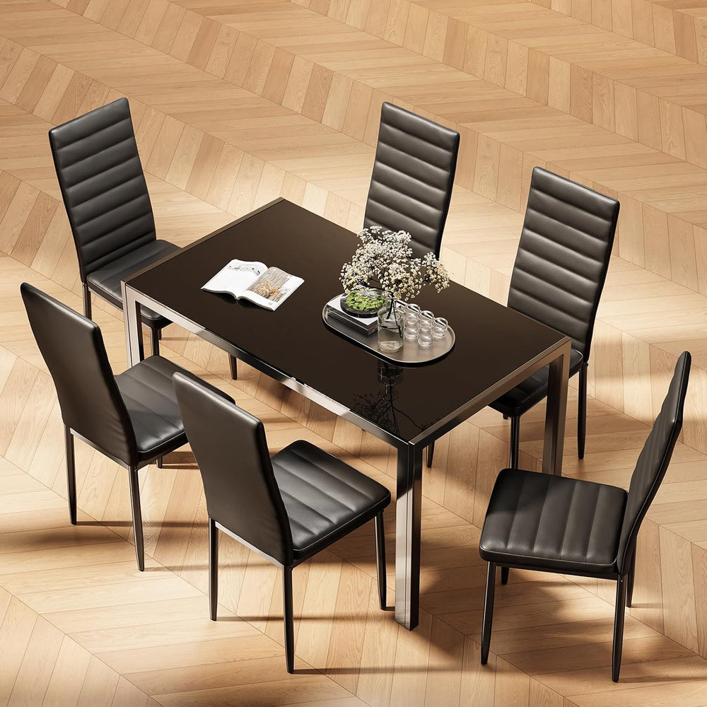 Bealife Kitchen Dining Table Set for 6, Tempered Glass 7 Piece - Black | PU L...