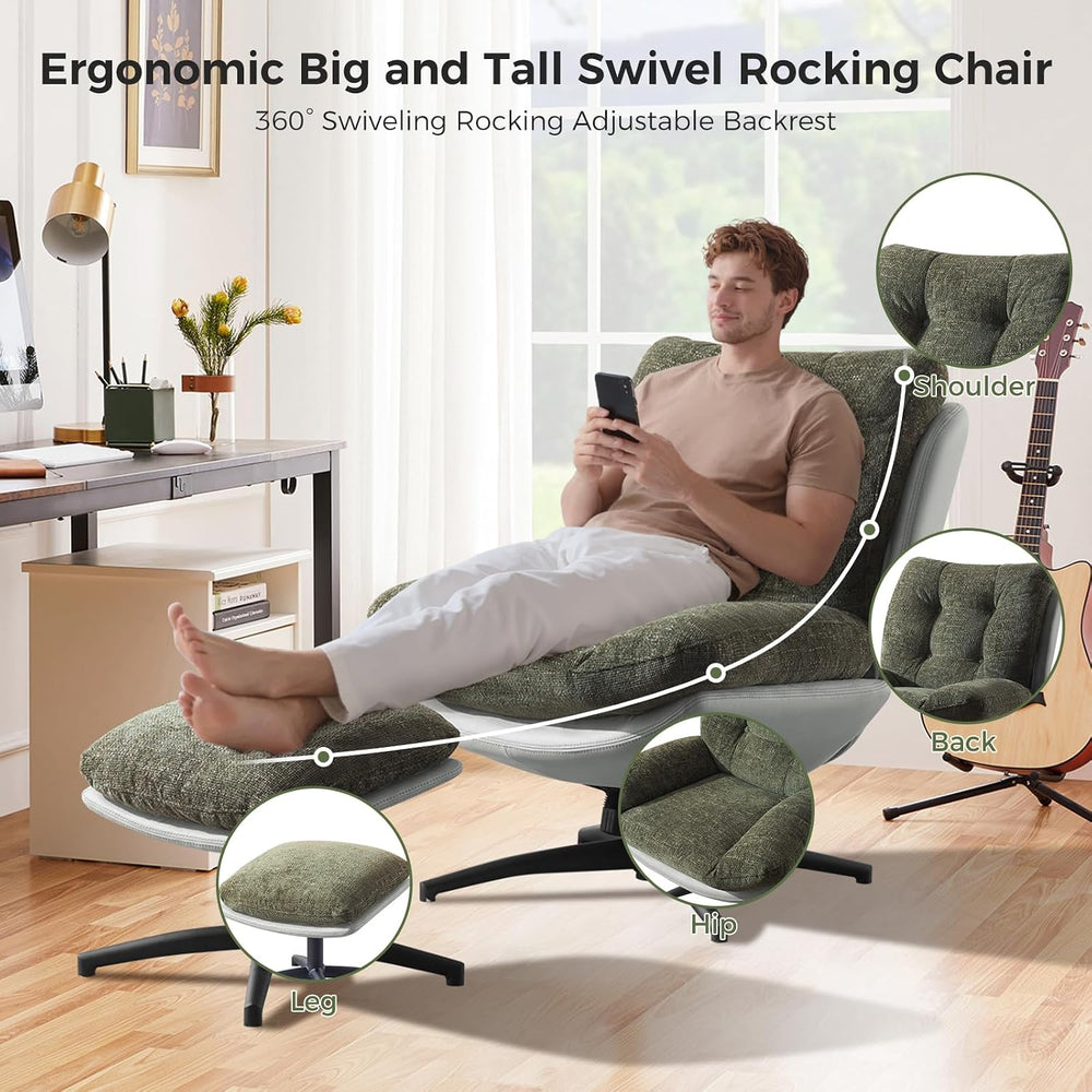 Chenille Rocking Swivel Accent Chair Set of 2 with Ottoman, 360° Oversized Me...