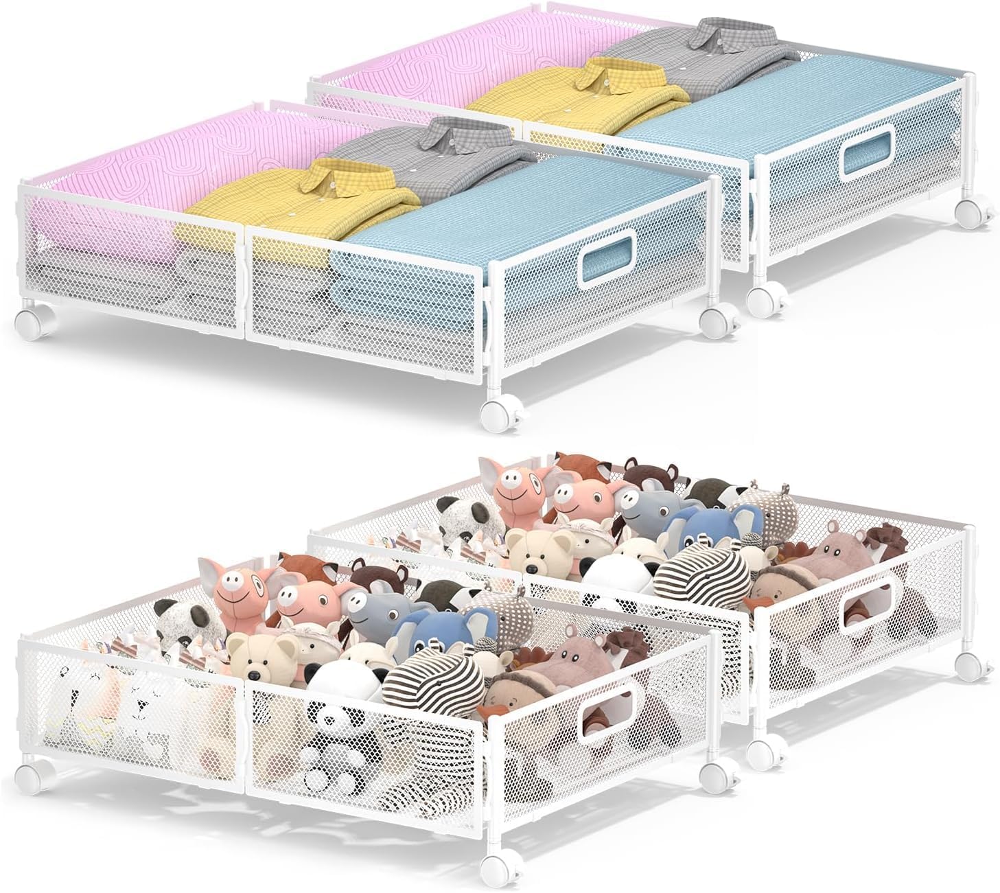 Under Bed Storage with Wheels, Rolling Under Bed Storage Bins for Shoes Clothes, Foldable and Easy Mobility (4 Pack, White)