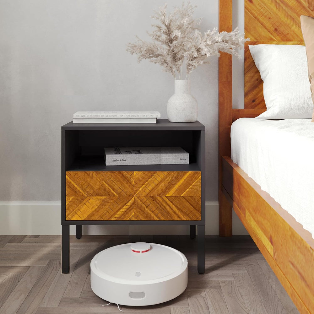 Bme Vivian Solid Wood Nightstand, End Table, Bedside Table with Herringbone P...