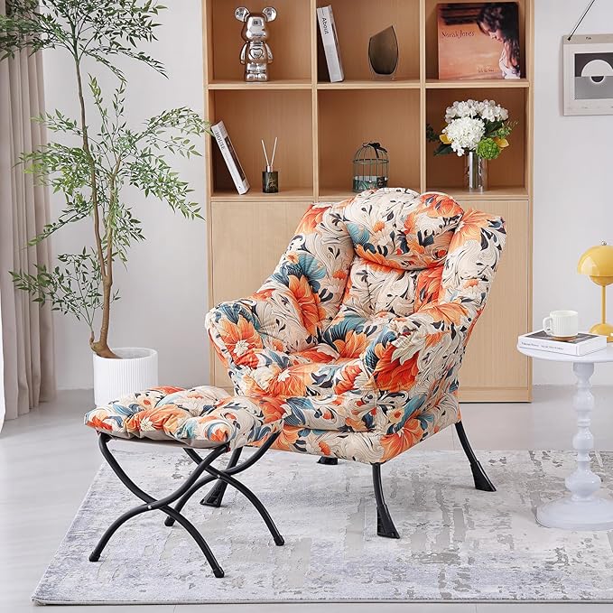 Welnow Lazy Chair with Ottoman, Modern Lounge Accent Chair with Armrests and a Side Pocket, Leisure Sofa Armchair Set, Reading Armchair with Footrest for Small Space, Orange Blue