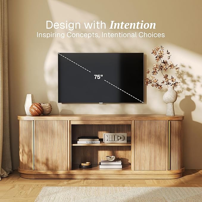 BELLEZE 67" Fluted TV Stand, Curved Entertainment Center with Sliding Tambour Doors, Media Console Table for TV up to 75" for Living Room (Camel)