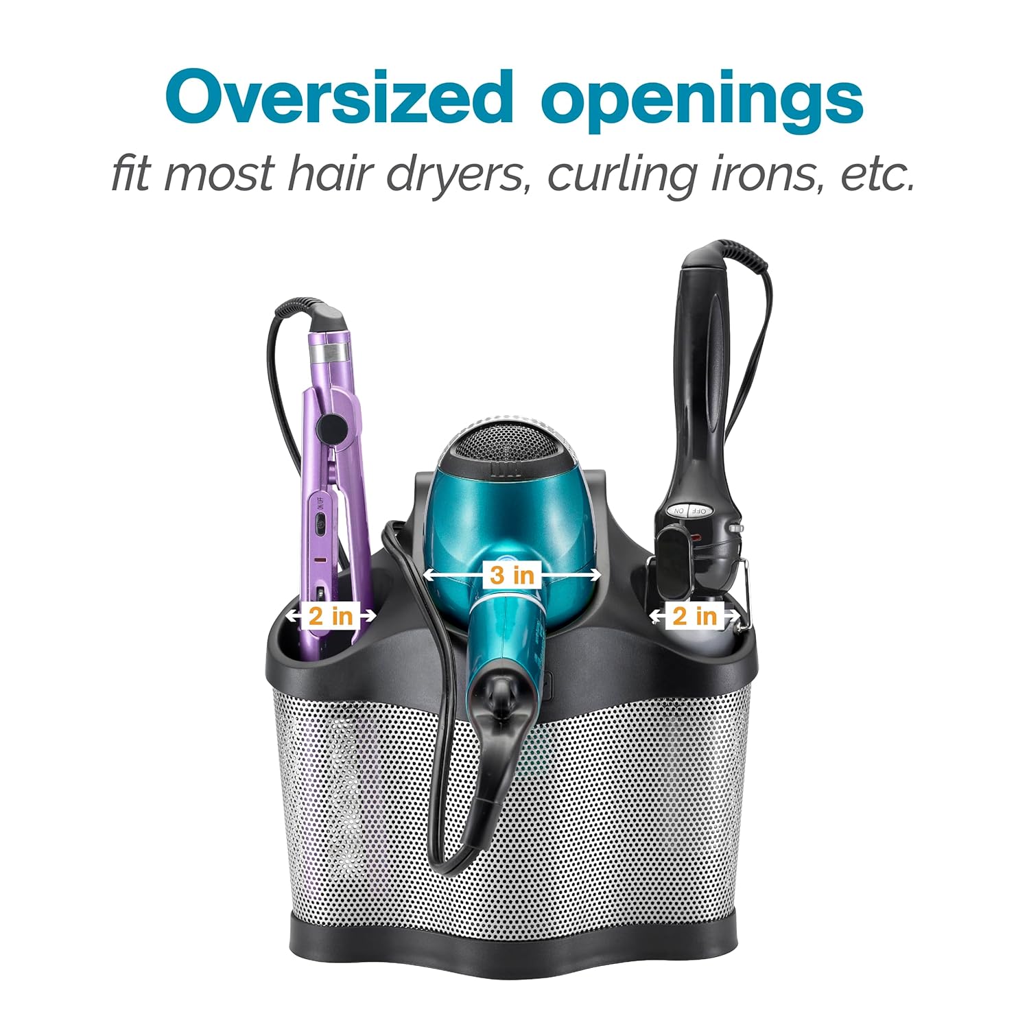 Polder Style Station, Organization for Styling Tools: Hair Dryers,Curling Irons, Straighteners, Brushes, Hang Over Towel Rack, Store Undersink or in Drawer, Black and Silver