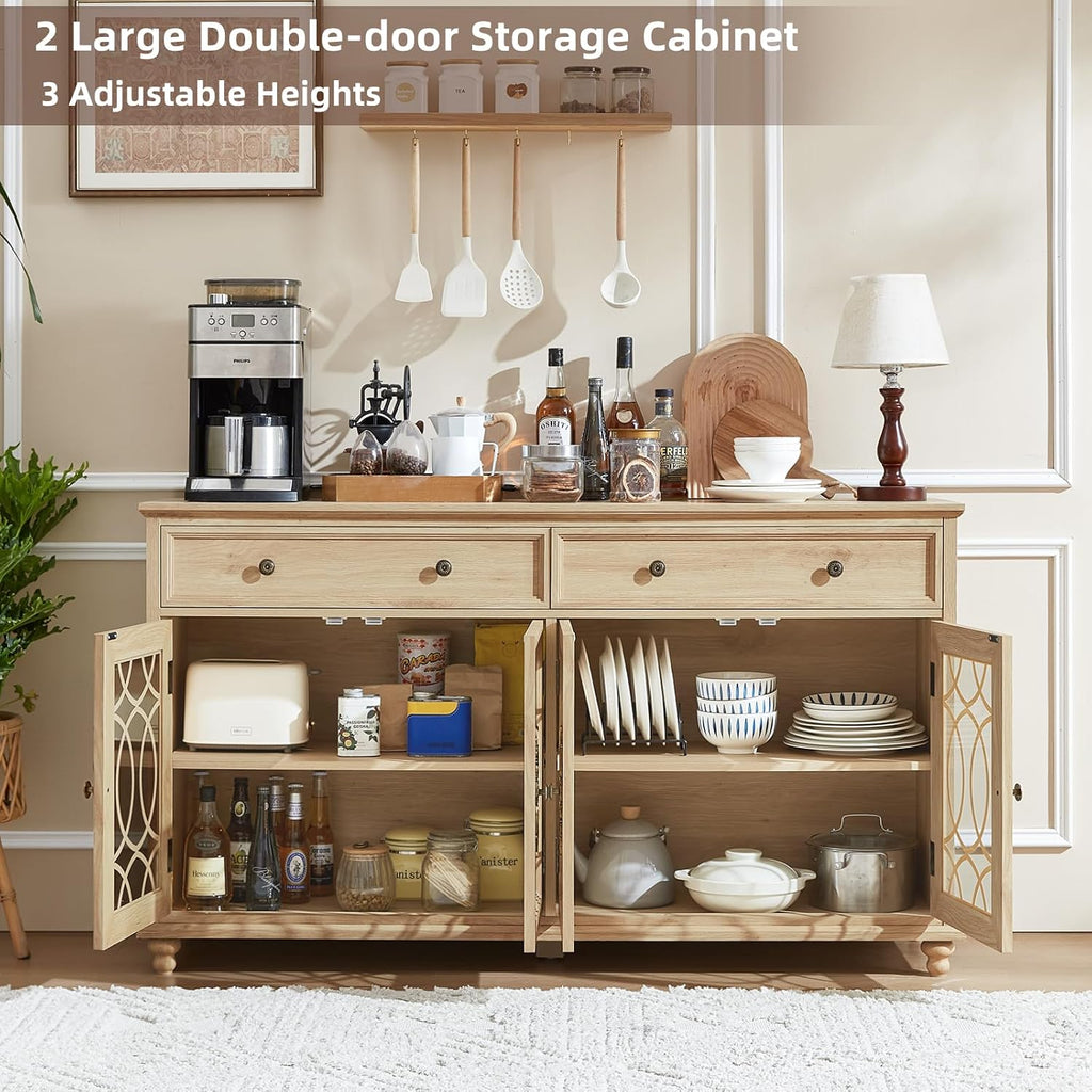Joaxswe Farmhouse Sideboard Buffet Cabinet with Storage,59" Large Credenza with 4 Glass Doors & 2 Drawers,Adjustable Shelves Console Table,Wood Kitchen Coffee Bar for Dining Room,Living Room,Natural