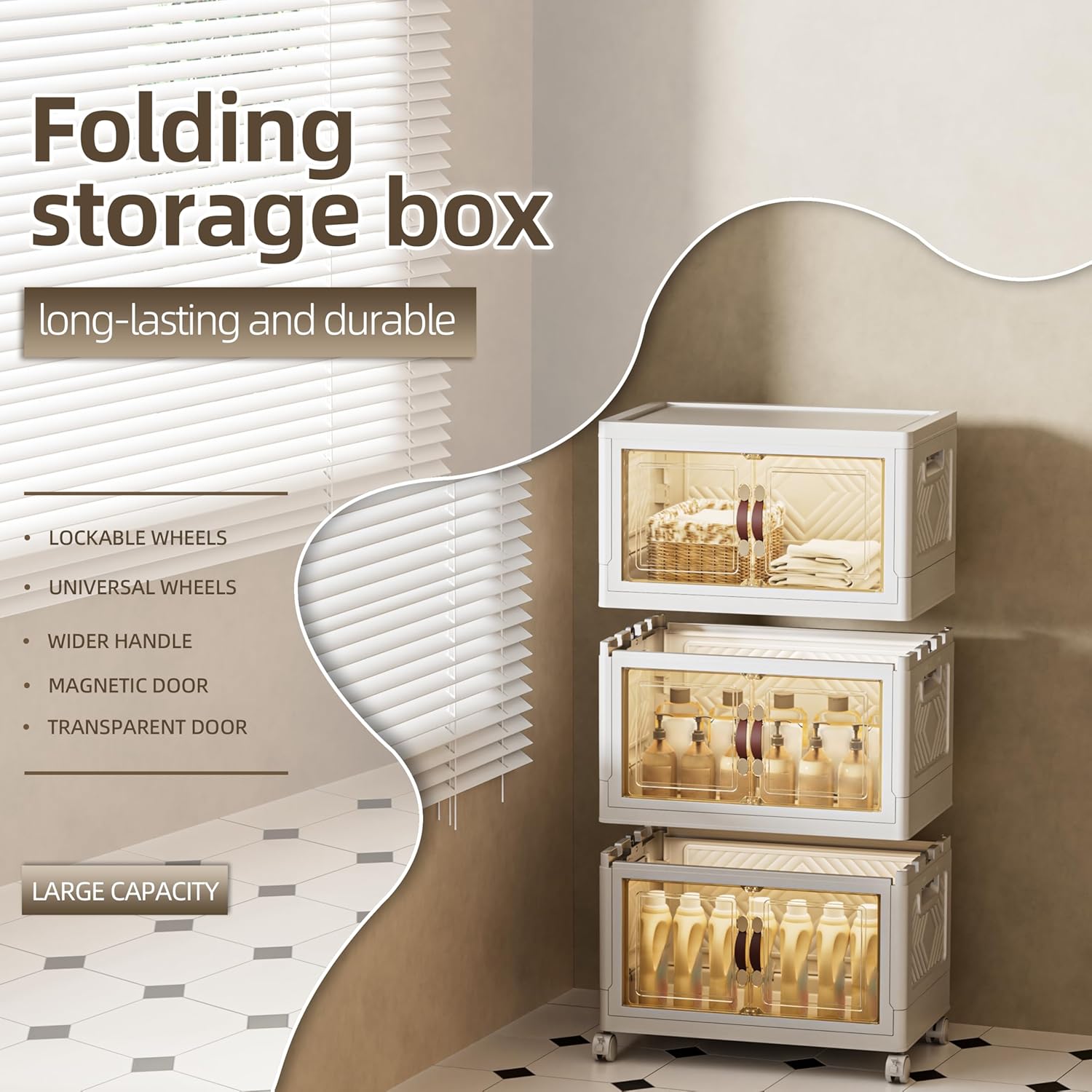 108 QT / 27 Gal Stackable Storage Bins (1 Lid) w/Wheels & Magnetic Doors, Collapsible Plastic Organizer Cabinet for Closet Office Garage - White Storage Containers