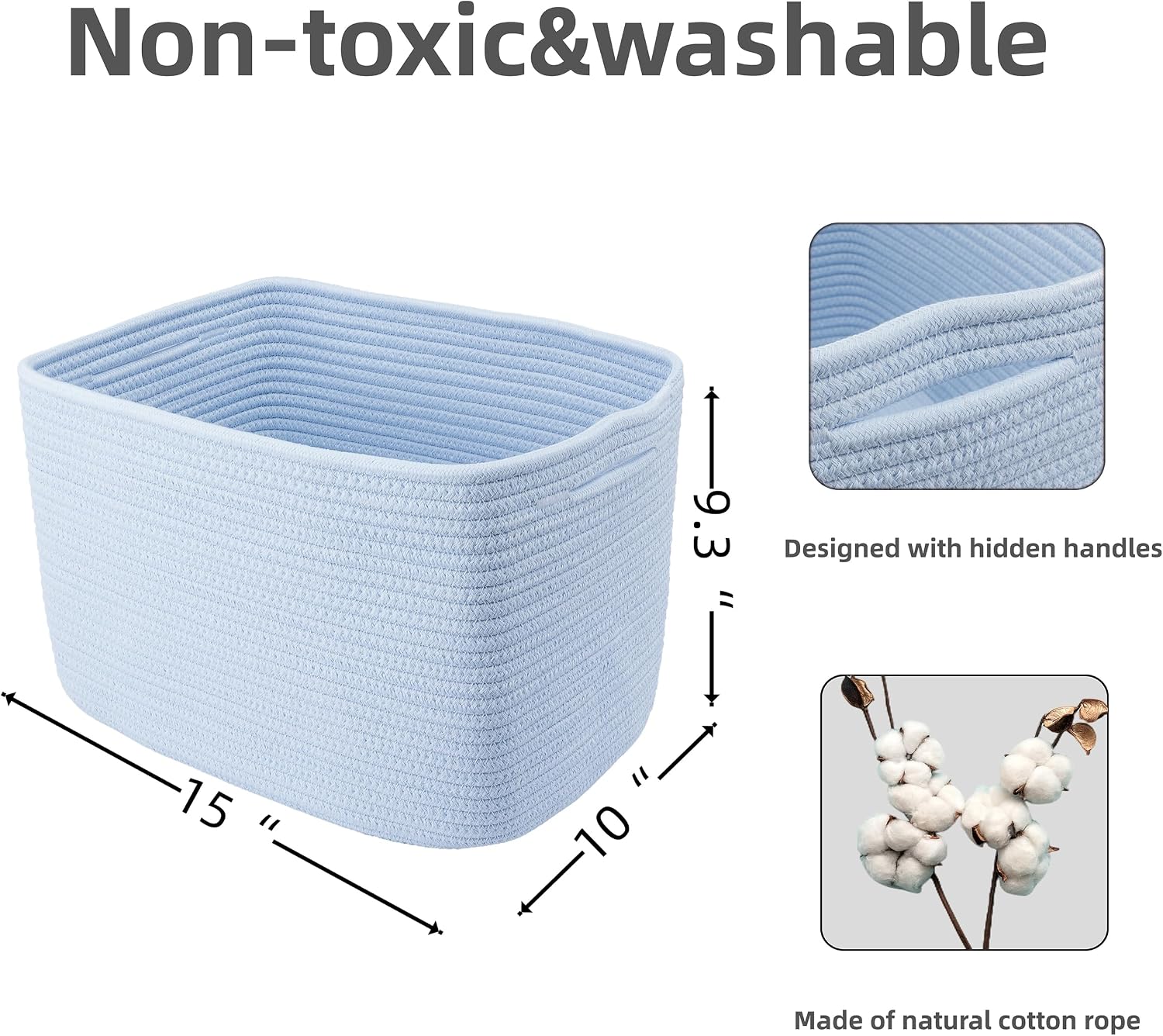 XUANGUO Woven Cotton Rope Storage Baskets 15x10x9.3" 3 Pack Light Blue | Decorative rectangular storage baskets for shelves and closets; storage bins organize clothes, toys, books and nursery items.