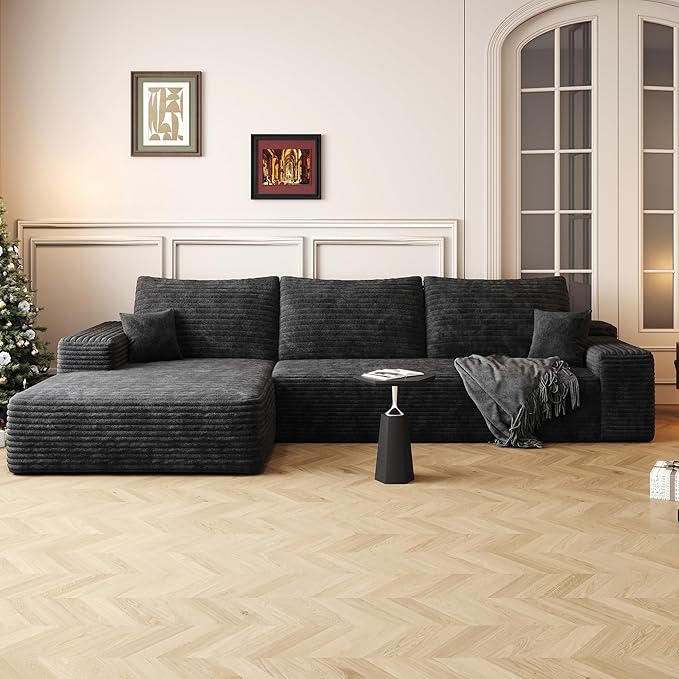 Eafurn Oversized L-Shaped Modular Sectional Sofa with Chaise, Fluffy Corduroy Upholstered Boneless Couch with Deep Seat, Minimalist Flexible Combination for Living Room | Breathable material, Full Foam, Anti-slip