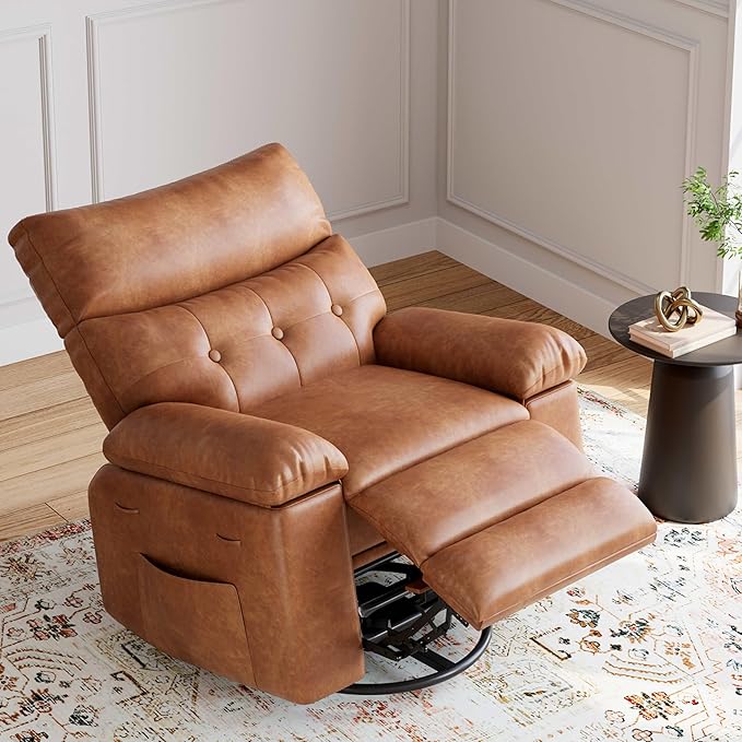 GarveeHome Oversized Rocker Swivel Recliner Chair - PU Leather Extra Wide Manual Recliner for Adults, Large Lazy Chair with 1.5X Sponge Comfort Arm and Back for Living Room, Bedroom
