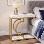 Tribesigns C Shaped Side Table for Coach Modern Narrow End Table with Metal Frame,Sofa Table Bedside Table for Living Room Bedroom (White&Gold)