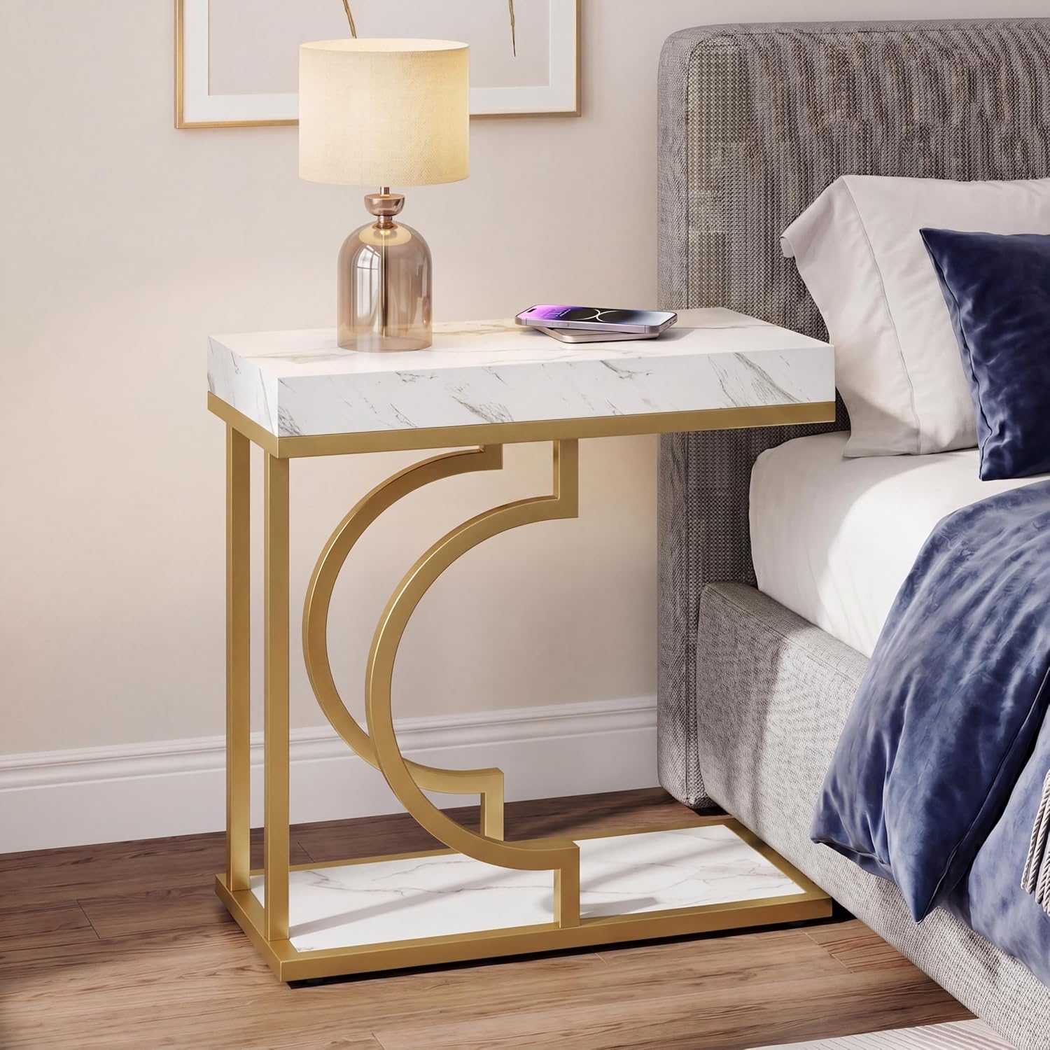 Tribesigns C Shaped Side Table for Coach Modern Narrow End Table with Metal Frame,Sofa Table Bedside Table for Living Room Bedroom (White&Gold)