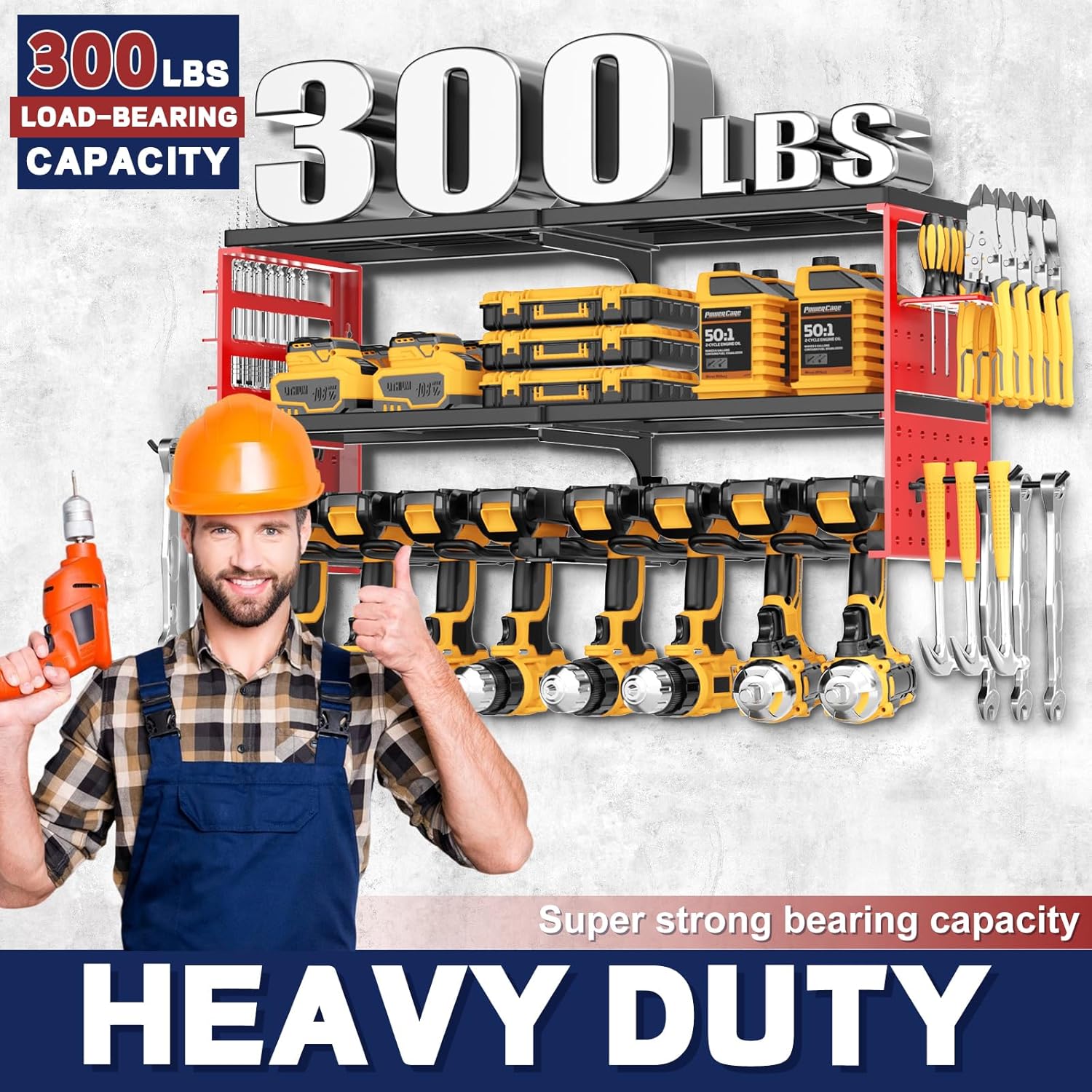 Power Tool Organizer Wall Mount, 300Lbs Load 3 Layer Heavy Duty Metal Tool Shelf with 8 Drill Holders, Garage Workshop Storage for Cordless Tools Batteries Screwdrivers(Red)
