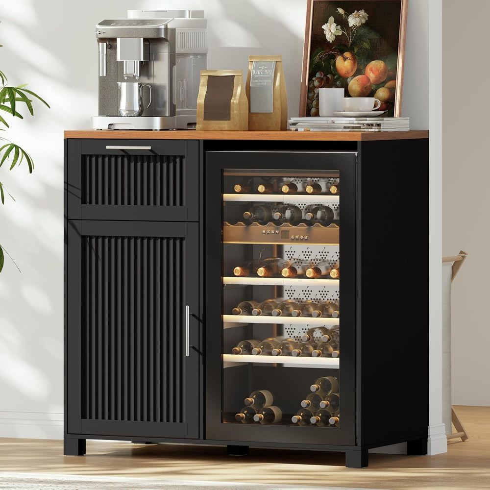 38.6" Long Fluted Mini Fridge Cabinet with Power Outlet & Drawer, Black