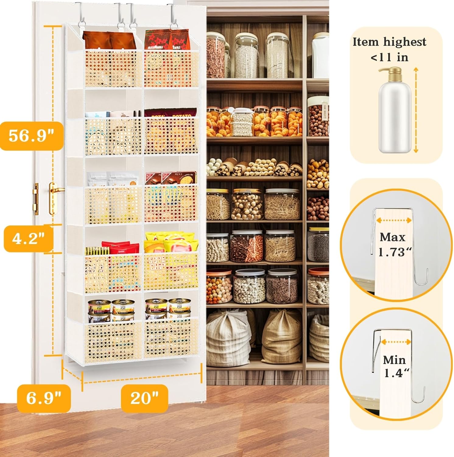 Over The Door Organizer 5 Tiers, Extra Large Behind Door Storage of 10 Compartments, 80 lbs Weight Capacity Hanging Storage Organizer with Clear Window Kids Toys, Shoes,Diapers, Braided Style