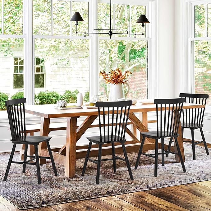 LUE BONA Windsor Dining Chair, Dining Chairs Set of 8, Spindle Back Wood Dining Chair, Kitchen Chairs Wooden, Farmhouse Dining Chairs for Kitchen and Dining Room, Black