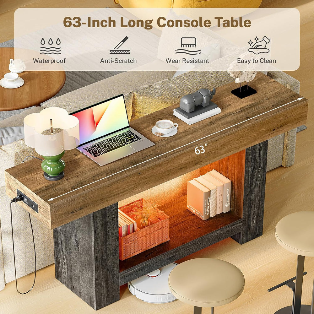 63" Entryway Table with Smart RGB Lights and Charging Station, Narrow Co...