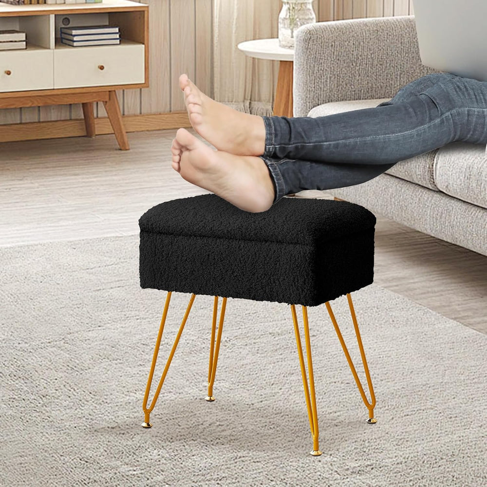 Alessing Vanity Stool Chair Ottoman with Storage, Sherpa Vanity Chair for Mak...