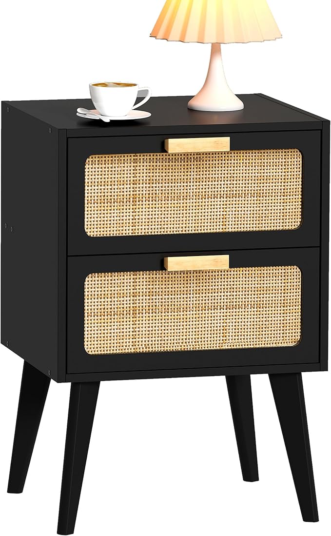 Rattan Nightstand, Wood End Table, Side Table with 2 Hand Made Rattan Decorated Drawers,Boho Bedside Table,Wood Accent Table with Storage for Livingroom, Bedroom, Black CTG59B