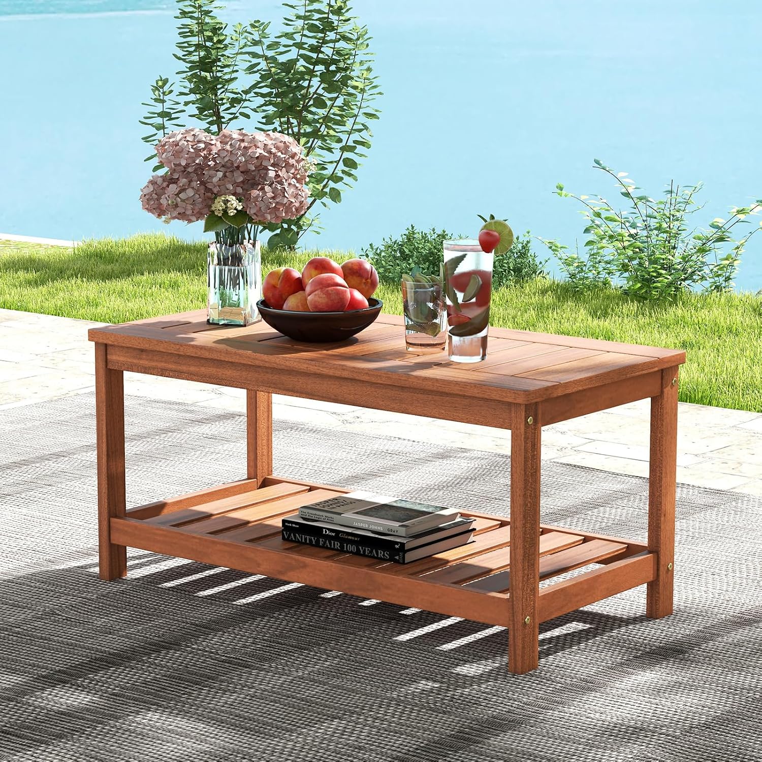 Tangkula Wood Outdoor Coffee Table, 2-Tier Patio Coffee Table with Slatted Hardwood Tabletop & Storage Shelf, Rectangle Wood Table for Deck, Garden, Balcony, Indoor or Outdoor Use (Natural)