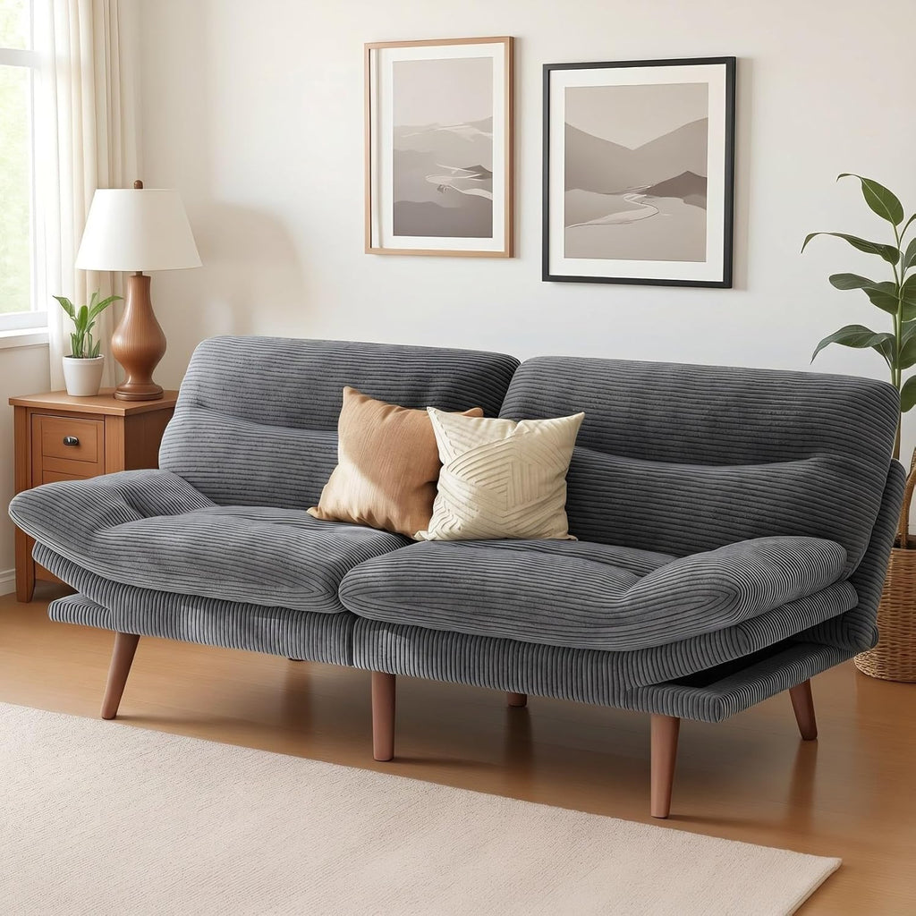 Marsail 66" Futon Sofa Bed, Convertible Corduroy Futon Couch with Adjustable Backrest & Armrests, Small Sleeper Sofa Loveseat for Living Room, Apartment, Office, Grey