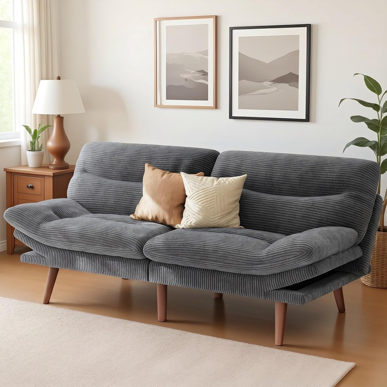 Marsail 66" Futon Sofa Bed, Convertible Corduroy Futon Couch with Adjustable Backrest & Armrests, Small Sleeper Sofa Loveseat for Living Room, Apartment, Office, Grey