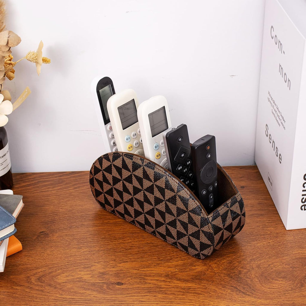 Remote Control Holders Organizer Box with 5 Compartment PU Leather Multi-functional Office Desk Storage Caddy Store Tv Remote for Media Player,Brush,Pencil,Glassees&Office Supplies (Triangle print)