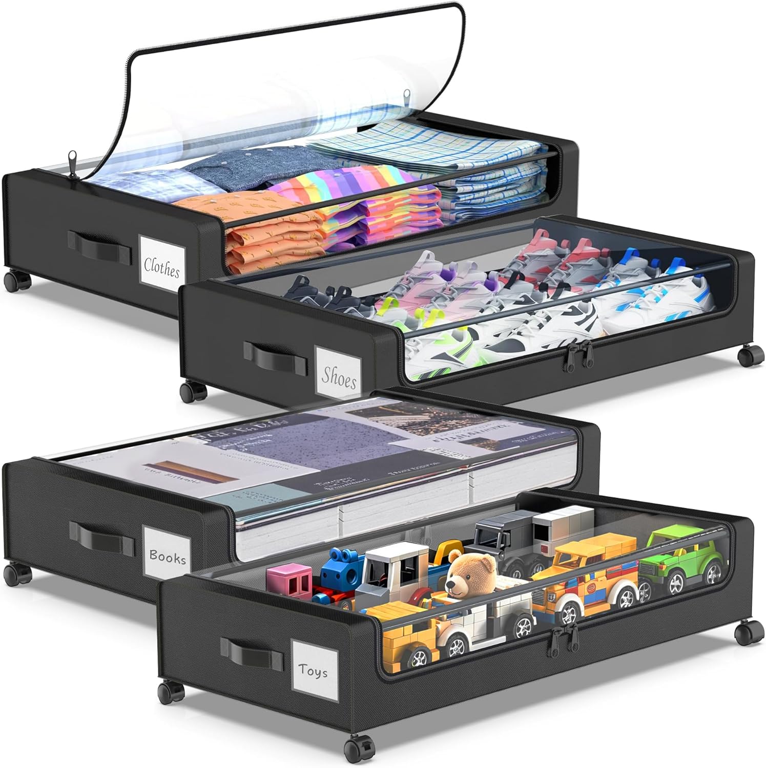 Beborxue Under Bed Storage with Wheels, 4-Pack UnderBed Storage Containers with Clear Lids, XXL 60L Under the Bed Storage Organizer Bins, Rolling Under Bed Metal Drawer for Clothes,Shoes,Toys (Black)