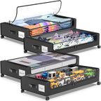 Under Bed Storage with Wheels, 4-Pack Underbed Storage Containers with Clear Lids, Under Bed Shoe Storage Organizer, Rolling Under Bed Storage for Clothes Shoes Blankets (Black)