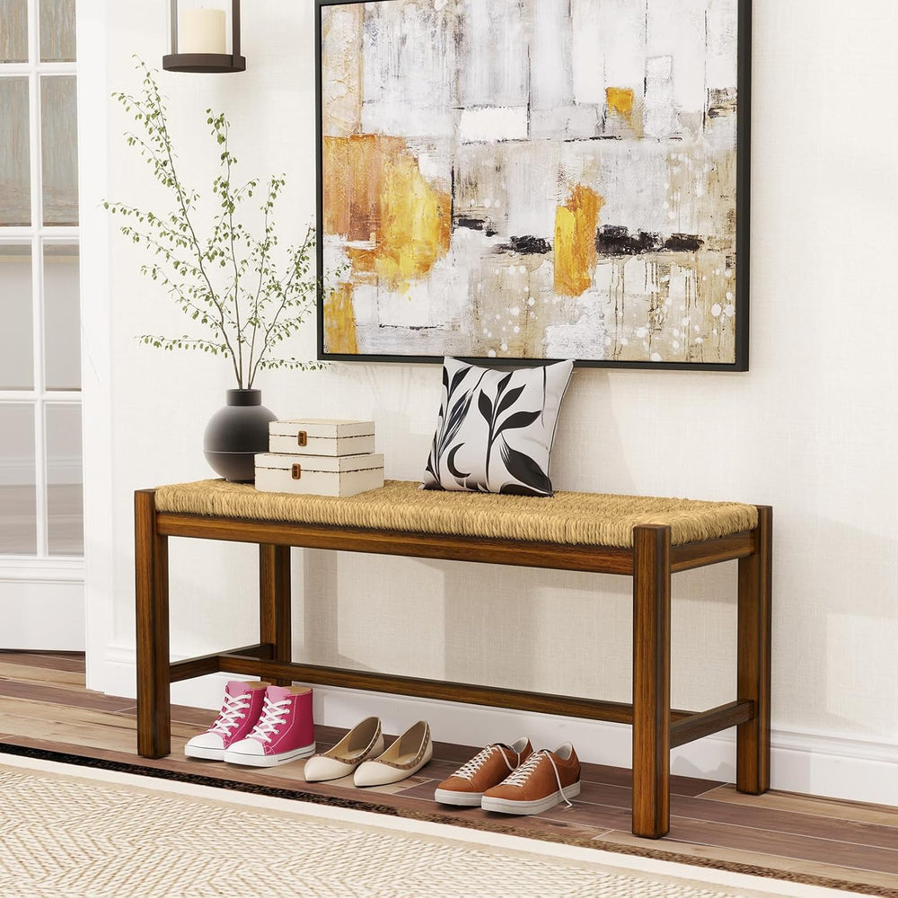 GOFLAME 40” Dining Bench, Farmhouse Boho Entryway Bench with Woven Seagrass S...
