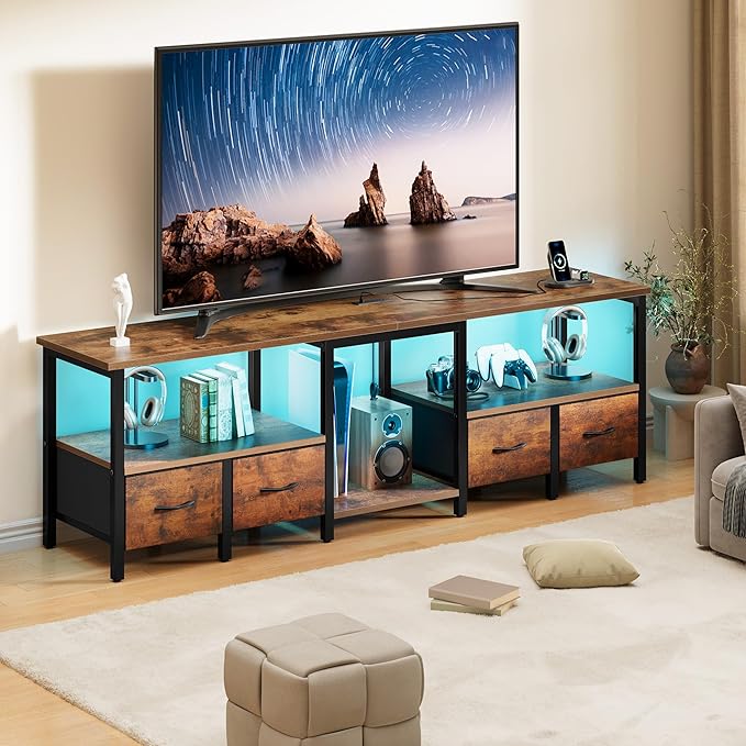 TV Stand for 80/75 Inch TV, LED Entertainment Center with 4 Fabric Drawers and Power Outlets, Modern Industrial TV Media Console for Living Room, Bedroom Storage Cabinet - 71'' Rustic Brown