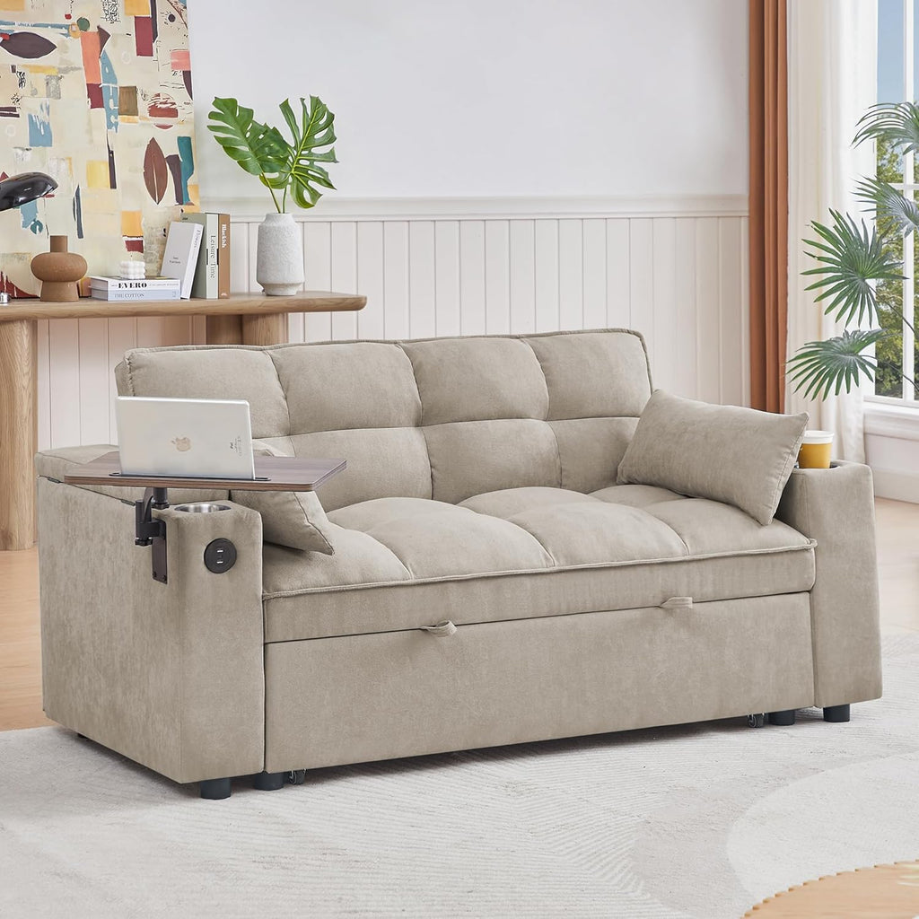 Auvsoce 65'' Convertible Sleeper Sofa Bed with Adjustable Backrest, Chaise Lounge, Side Table & USB/Type-C Ports – Stylish & Functional Addition to Any Living Room (Khaki)