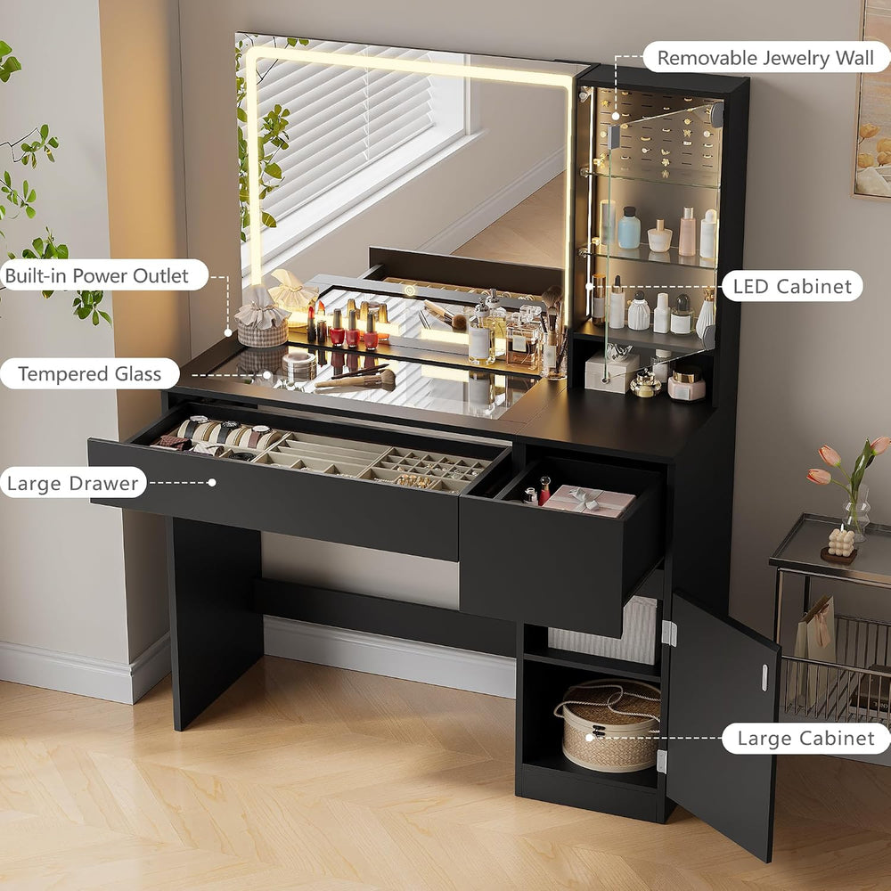 wanan Vanity with Glass Top, Black Vanity Desk with Mirror and Lights, Jewelr...