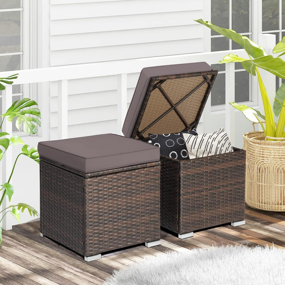 HAPPYGRILL 2PCS Patio Ottoman Set Outdoor Wicker Stool with Storage, Rattan F...