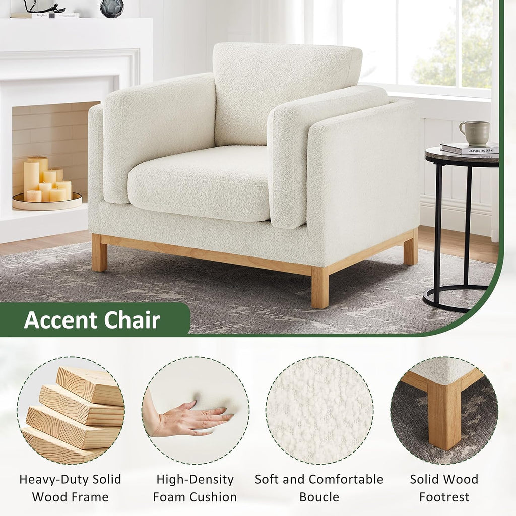 Oversized Accent Chair Set of 2, Modern Upholstered Chairs | Boucle Reading Chair with Solid Wood Legs and 400 lbs Capacity, Cozy Seating for Living Room, Bedroom & Office, Ivory White